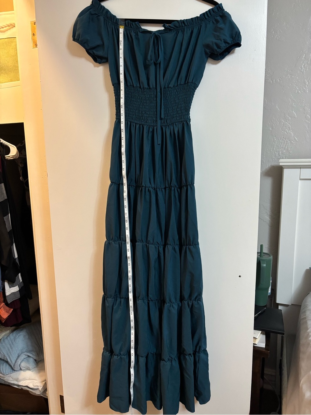 Smocked Waist Teal Maxi Dress with Puff Sleeves - Women